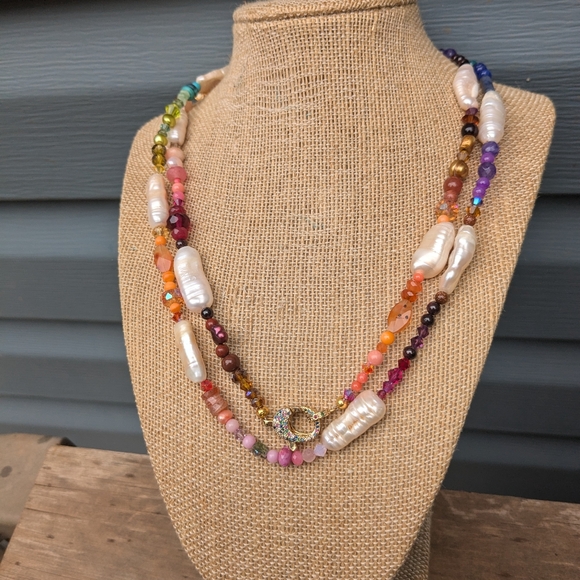 Long Colorful Pearl Gemstone Necklace - Picture 5 of 15